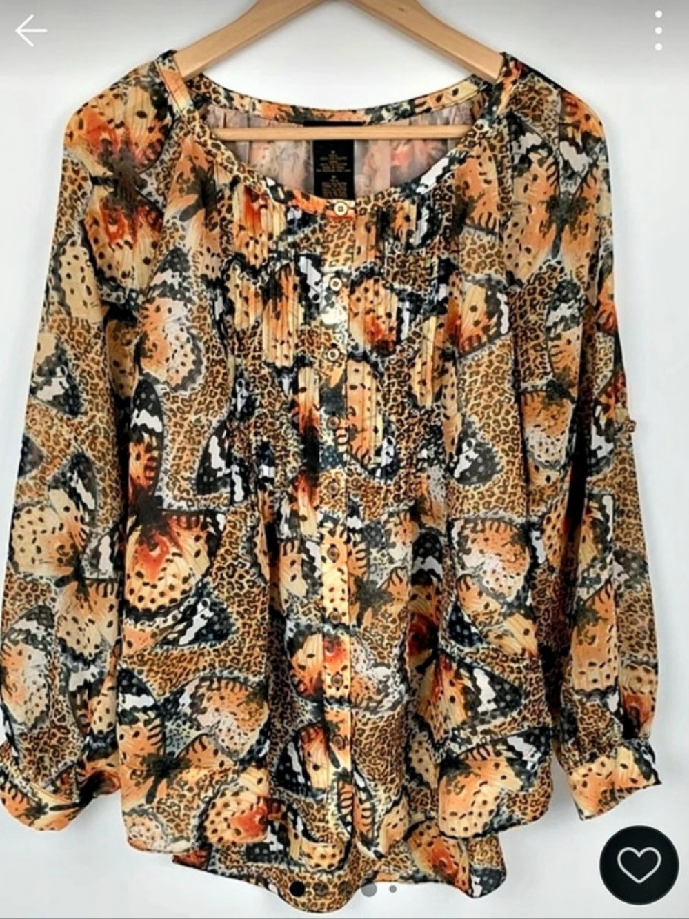 Grace Elements Butterfly Leopard Print Pleated Bib Tunic Blouse Orange & Black